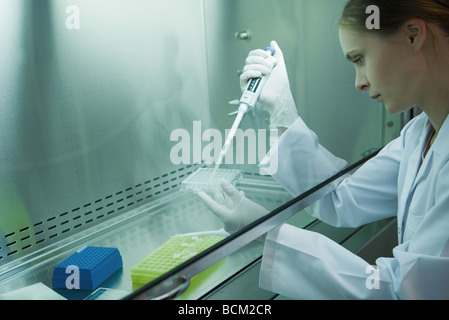 Wissenschaftlerin arbeitet im Labor, Seitenansicht Stockfoto