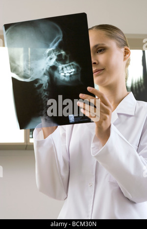 Ärztin, Blick auf Röntgen des Patientenkopfes, Lächeln Stockfoto