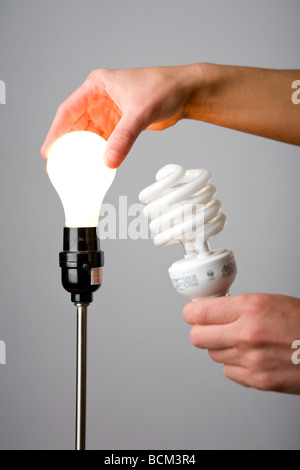 Eine alte Glühbirne ersetzen durch eine Energie effiziente kompakte Leuchtstofflampe Stockfoto