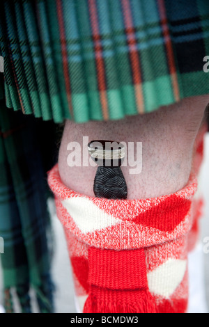 Schottischen Skean Dhu einen zeremoniellen Dolch als Teil der modernen Scottish Highland Kleidung getragen Stockfoto