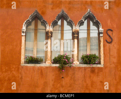 Italien Veneto Murano drei maurischen geformt gewölbte Fenster Säulen rosa Blüten dunkel orange Stuck Wand Stockfoto