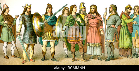 Anglo-Saxon Zahlen (von links nach rechts): Krieger-König (750 n. Chr.), Krieger, fünf Männer von Rang, Bischof (1000 n. Chr.), Mann von Rang. Stockfoto