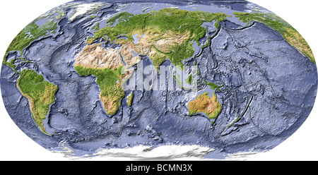 Weltkarte, schattierten Relief, mit schattigen Meeresboden, zentriert auf Indien Stockfoto