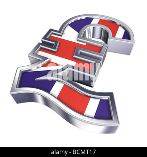 Silberne Zeichen des Pfund Sterling mit der Flagge von Großbritannien isoliert auf weiss. Computergenerierte 3D Foto rendern. Stockfoto