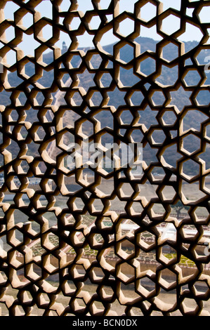 Amber Fort, Ansichten durch marmorierte Bildschirme mit Blick auf Gärten in getrocknet Seegrund, Jaipur, Rajasthan, Indien Stockfoto