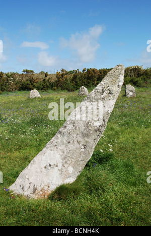 die schrägen Zentrum Stein an der alten Steinkreis "Seilfahrt un' in der Nähe von st.buryan in Cornwall uk Stockfoto