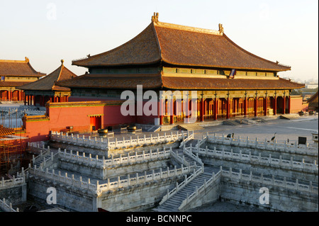 drei Haupthallen in die äußeren Gericht verbotene Stadt bei Sonnenaufgang, Verbotene Stadt, Peking, China Stockfoto