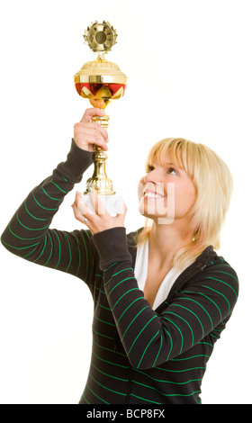 Junge Frau in Sportkleidung Hält Lachend Einen Pokal Stockfoto