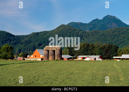 Orange-Scheune und Silos auf einem Bauernhof in der Nähe von Agassiz in der Fraser Valley des südwestlichen British Columbia Kanada Stockfoto
