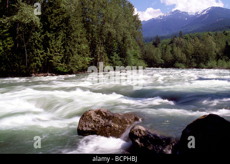 Frühling-Stichwahl in Chilliwack River und Cascade Mountains in der Fraser Valley von Südwesten von British Columbia Kanada Stockfoto