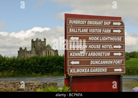 Schild am Dunbrody Abbey, New Ross, Wexford, mit Wegbeschreibungen zu anderen touristischen Attraktionen in der Umgebung Stockfoto