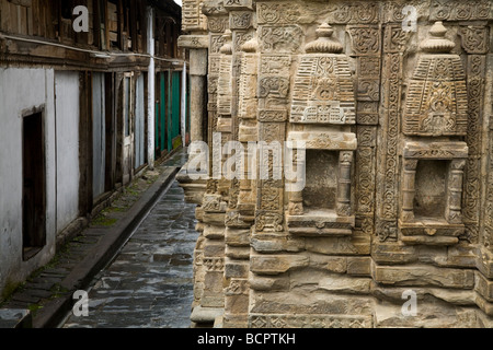 Mauerwerk im Laxmi Narayan-Tempel-Komplex. Chamba, Himachal Pradesh. Indien. Stockfoto