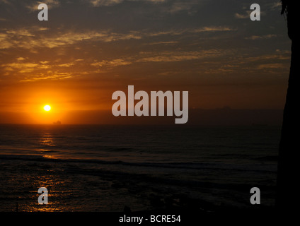 Schöne Aufnahme von atemberaubenden Sonnenaufgang über dem Horizont über den Indischen Ozean mit Silhouette eines Schiffes und Teil einer Kokospalme. Stockfoto