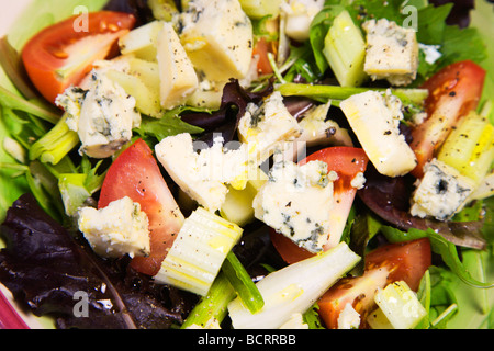 Stilton-Sellerie-Salat mit Kopfsalat Blätter, Frühlingszwiebeln und Tomaten Stockfoto
