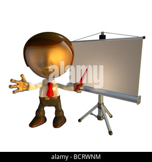 3D Business Mann Charakter mit Präsentationstechnik oder Bildschirm Stockfoto