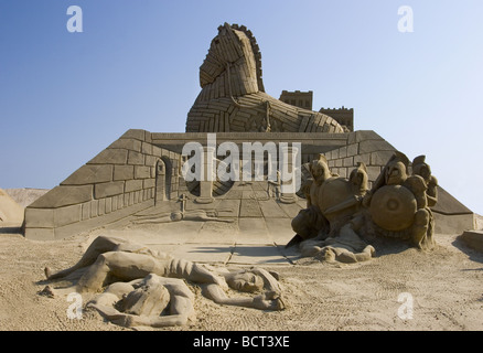 Sandskulpturen-Ausstellung, Darstellung des Trojanischen Krieges Stockfoto