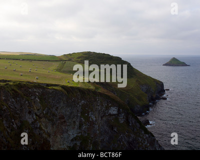 Blick auf Com Kopf und The Mouls oder Mönch Insel entlang der Süd-Westküste Pfad zwischen Polzeath und Port Quin North Cornwall UK Stockfoto