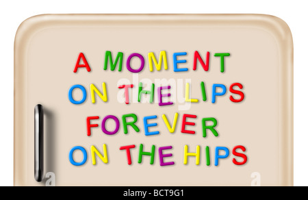 50er Jahre Stil Kühlschranktür mit Magneten machen Slogan "Ein MOMENT ON THE Lippen für immer ON THE HIPS" auf weißem Hintergrund. Stockfoto