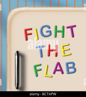 50er Jahre Stil Kühlschranktür mit Magneten Slogan 'FIGHT THE FLAB' auf Wallpaper Hintergrund machen. Stockfoto