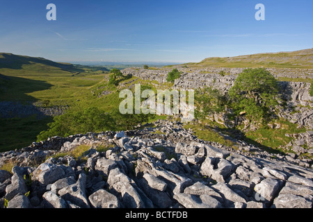 Blick in Richtung Settle aus Kalkstein Pflaster des Sulber Nick in der Moughton Narben Bereich, Crummackdale, Yorkshire Dales, UK Stockfoto