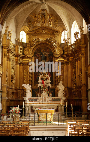 Altar in der reich geschmückten Innenraum der barocken Abteikirche Notre-Dame-des-Anges in Ile Sur la Sorgue, Provence, Frankreich Stockfoto