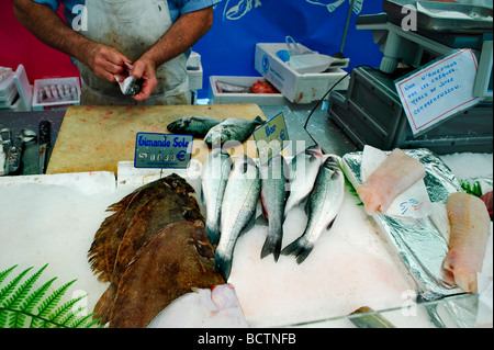 Paris Frankreich außerhalb öffentlicher "Food Market" "Französische Märkte", Stall, Detailanzeige, frischen Fisch "Fischhändler" Reinigung Fisch Stockfoto