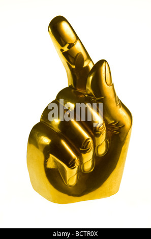 "GOLDFINGER" goldene Hand mit Index Zeigefinger auf weißem Hintergrund Stockfoto