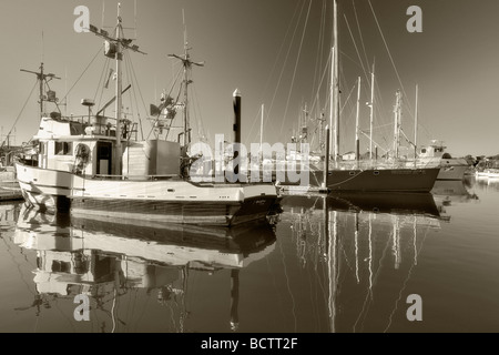 Boote im Hafen von Brookings mit Reflexion Oregon Stockfoto