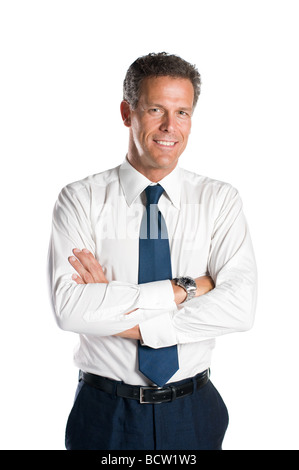 Zuversichtlich reifer Geschäftsmann stand isolierten auf weißen Hintergrund Stockfoto