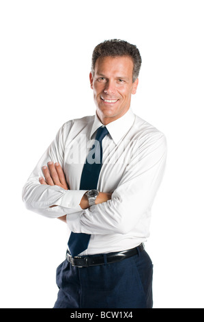 Zuversichtlich reifer Geschäftsmann stand isolierten auf weißen Hintergrund Stockfoto