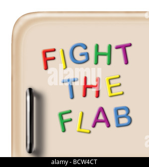 50er Jahre Stil Kühlschranktür mit Magneten machen Slogan 'FIGHT THE FLAB' auf weißem Hintergrund. Stockfoto