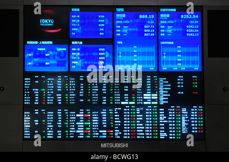 Aktienkurse in einem großen Bildschirm an der Tokyo Stock Exchange oder TSE im Bezirk Nihombashi Tokyo Japan angezeigt Stockfoto