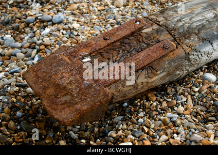 Großes Stück Treibholz auf Kies Strand, Aldeburgh, Suffolk, UK. Stockfoto