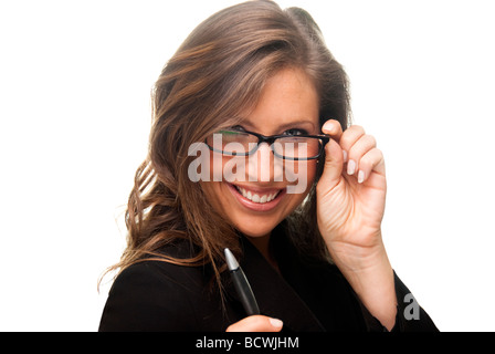 Frau mit Brille lächelnd Stockfoto