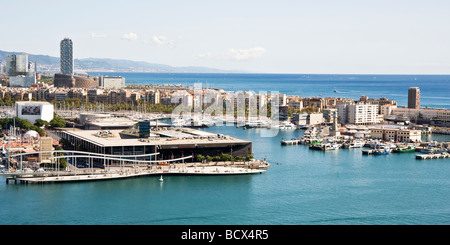 Barcelona Hafen Vell Maremagnum Handelszentrum und der Rambla de Mar Fußgängerbrücke Katalonien Spanien Stockfoto