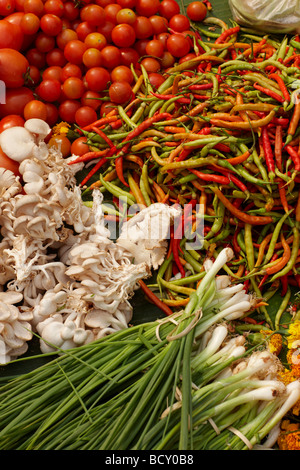 Gemüse & Früchte für den Verkauf auf dem Markt in Luang Prabang, Laos Stockfoto