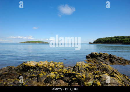 Balcary Bay mit Blick auf Hestan Island und Balcary Turm, Dumfries & Galloway, Schottland Stockfoto