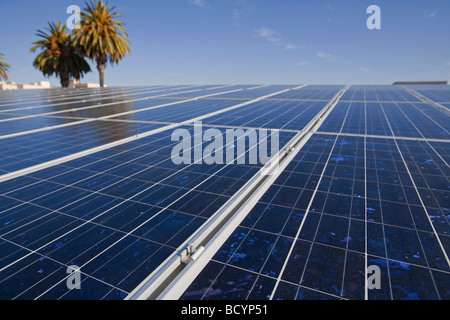 Ein Dach montiert, Raster gebunden Solar Photovoltaik Solar-Panel-Array (10Kw) auf der Santa Monica Bibliothek, Kalifornien, USA Stockfoto