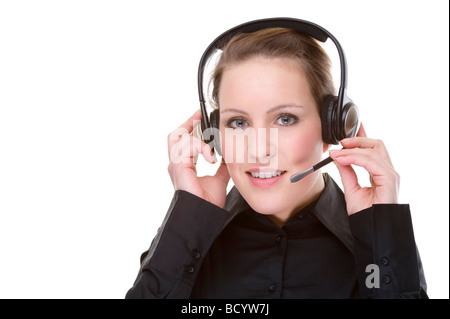 Voll isoliert Porträt einer schönen kaukasischen Geschäftsfrau mit einem Kopfhörer Stockfoto