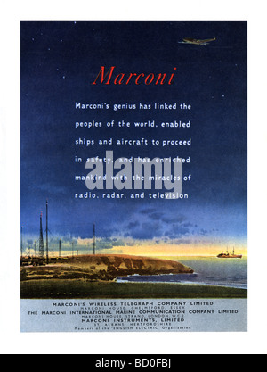 1951-Werbung für Marconi Telekommunikation Instrumente mit drahtloser Kommunikationsmasten, ein Flugzeug und ein Schiff Stockfoto