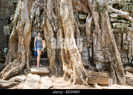 TA Promh-Tempel in Angkor, Kambodscha mit Baumwurzeln überwachsen Stockfoto