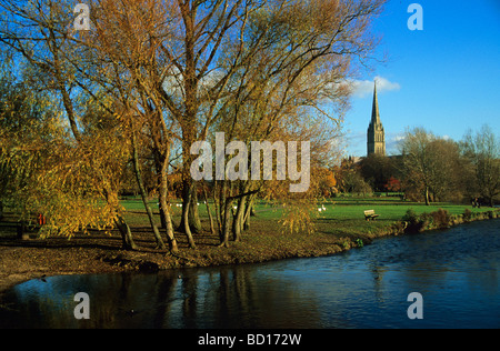 Herbst Blick auf die Kathedrale von Salisbury und Fluß Avon aus den Auen Stockfoto