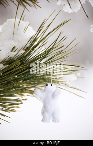 Eisbär ornament von Schnee bedeckten Zweig hängen Stockfoto