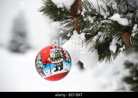 Bunten Weihnachtsschmuck von Schnee bedeckten Zweig hängen Stockfoto