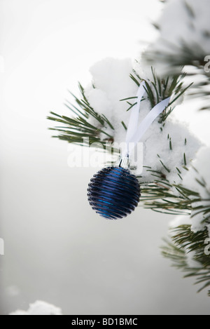 Christbaumschmuck von Schnee bedeckten Zweig hängen Stockfoto