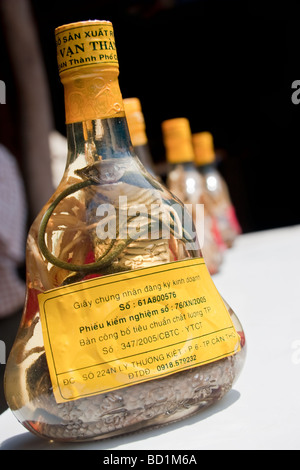 Flaschen Schlangenwein zu verkaufen, Cai Be, Mekong Delta, Tien Giang Provinz, Vietnam Stockfoto