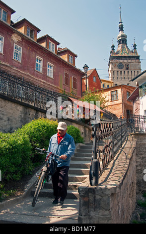 Treppe zum mittelalterlichen Zitadelle der rumänischen Stadt von Sighisoara (Schassburg in deutscher Sprache) mit Uhrturm oben in Siebenbürgen Stockfoto