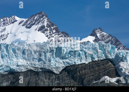 Bertrab hängende Gletscher klammert sich an die Felswand bei Gold Harbour Südgeorgien Antarktis Stockfoto