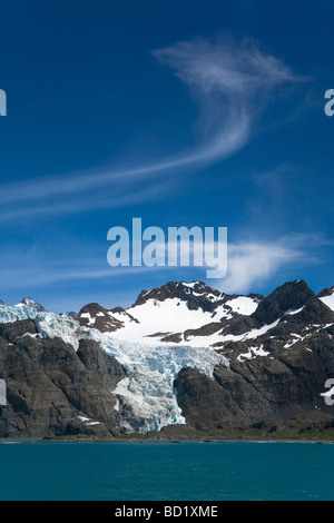 Bertrab hängende Gletscher klammert sich an die Felswand bei Gold Harbour Südgeorgien Antarktis Stockfoto
