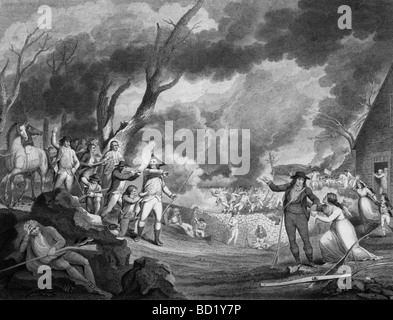 Minute Männer feuern auf die Briten in der Schlacht von Lexington, Massachusetts Stockfoto